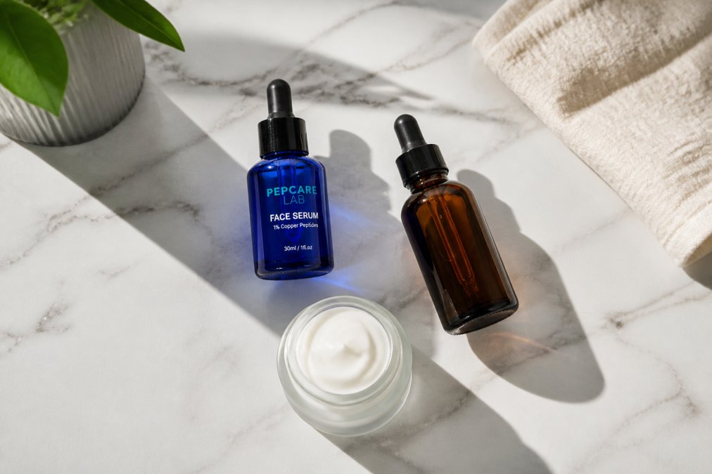 Flat lay of two minimalist skincare product bottles, a small dropper vial and a compact cream jar, arranged on a white marble surface with soft morning light casting clean shadows to one side