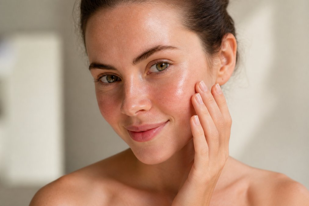Close-up of a woman with clear, calm skin gently touching her cheek, soft natural lighting, neutral background