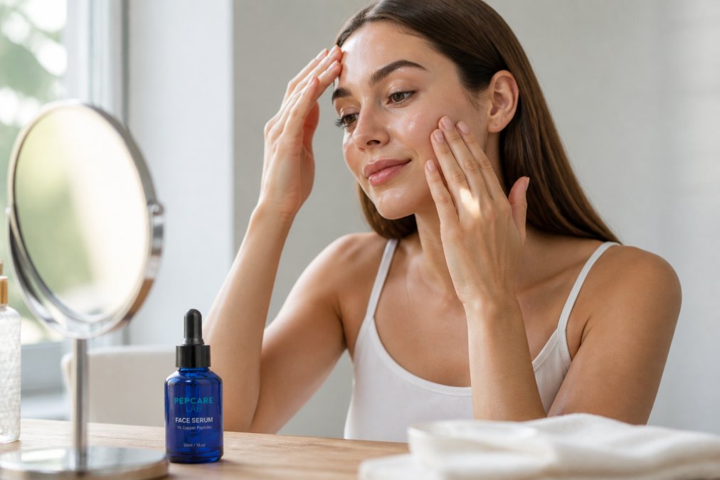 Person's hands applying lightweight serum to clean facial skin, demonstrating proper technique with gentle fingertips pressing serum into cheek and forehead area in natural morning light