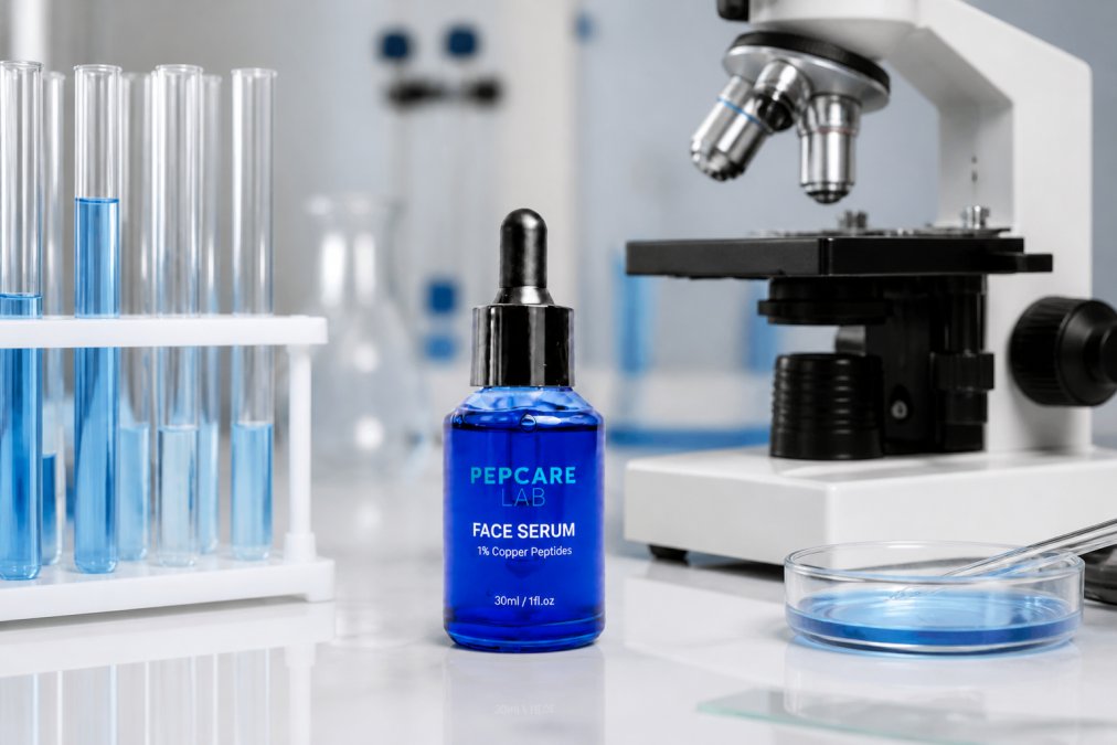 Laboratory workspace with copper-toned serum bottles, test tubes, and scientific equipment on clean white surface representing quality verification and GC/MS testing protocols