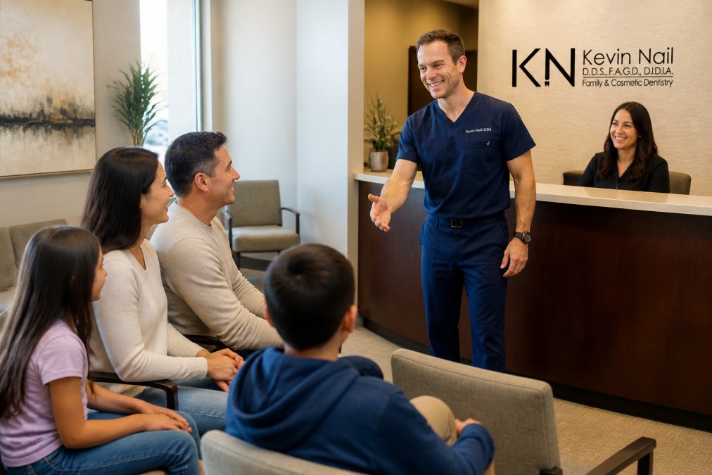 Welcoming dental office reception area with a diverse family (parents and children) in comfortable seating, warm lighting, and friendly staff members greeting patients