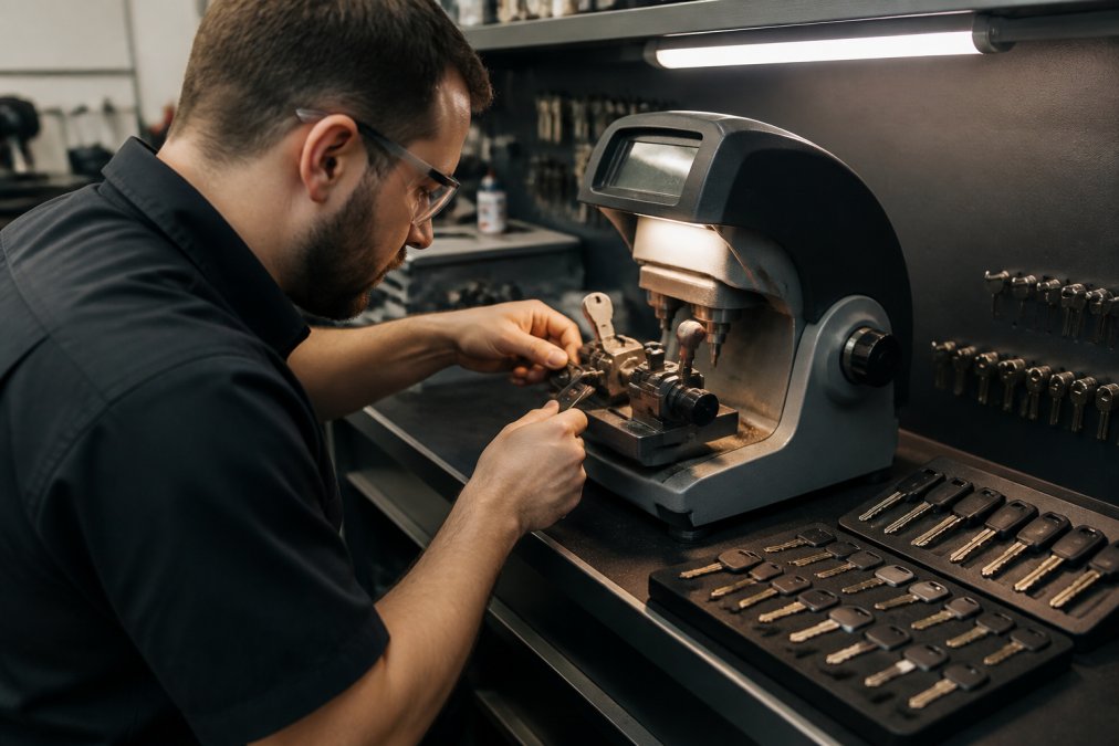 A locksmith technician at a workbench using a professional key cutting machine to duplicate a metal car key, with an assortment of key blanks arranged neatly nearby under bright workshop lighting