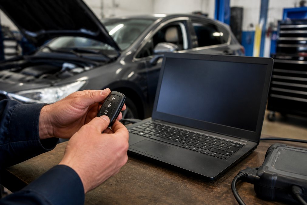 Close-up of a technician's hands holding a modern car key fob next to a laptop displaying automotive diagnostic programming software, with a vehicle visible in the blurred background of a well-lit garage
