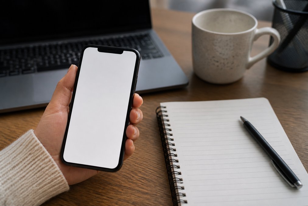 Smartphone screen displaying a professional direct message template requesting permission to repost content, with a notepad and pen beside the phone on a desk
