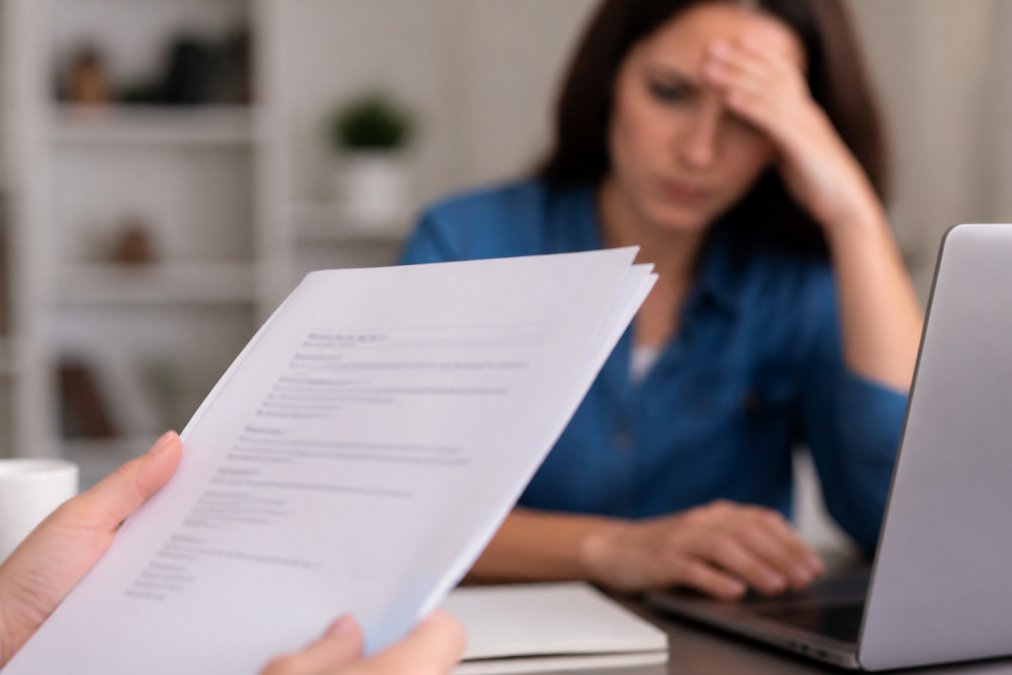 Close-up of a laptop screen displaying a formal legal cease and desist letter, with a concerned person visible in the blurred background