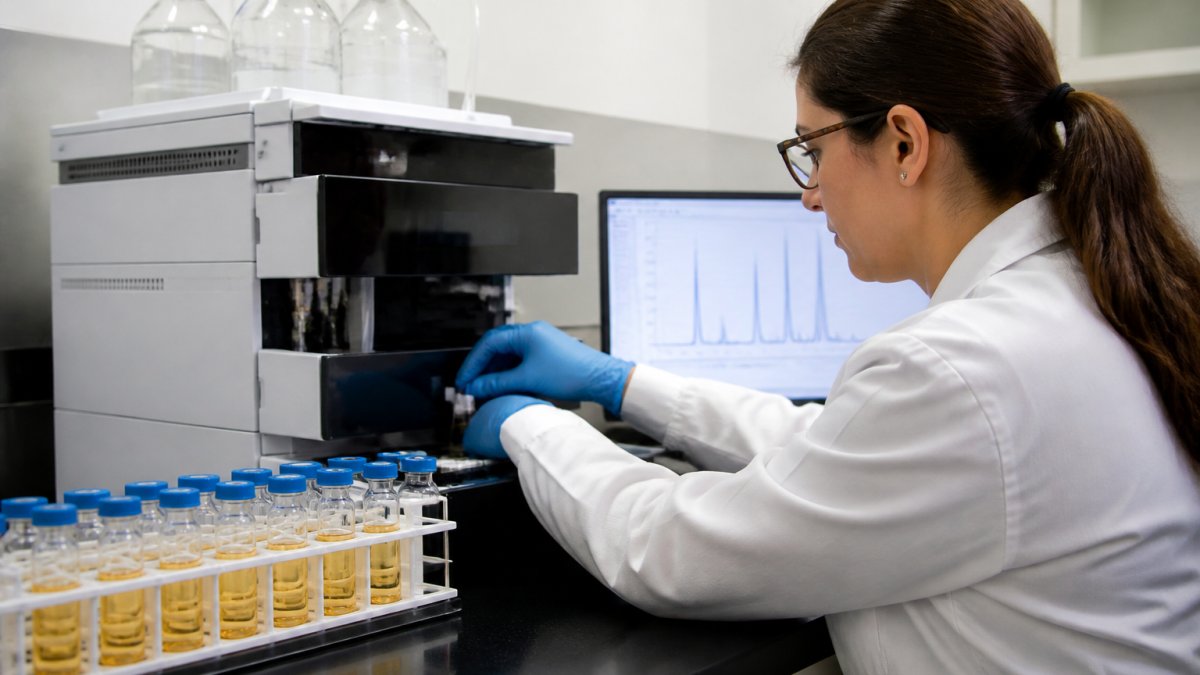 A scientist in a lab coat operating an HPLC instrument, with vials of yellow CoQ10 solution and a computer screen showing chromatogram peaks in the background