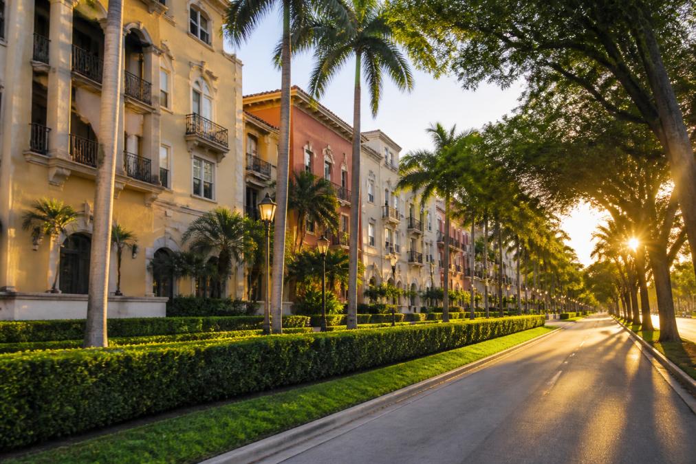 Tree-lined boulevard in Coral Gables with Mediterranean-style buildings featuring pastel facades, ornate balconies, and manicured tropical landscaping during golden hour sunset