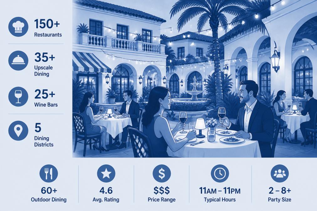 Outdoor dining scene at an upscale Coral Gables restaurant with elegant table settings, soft ambient lighting, and well-dressed guests enjoying meals in a Mediterranean-style courtyard setting