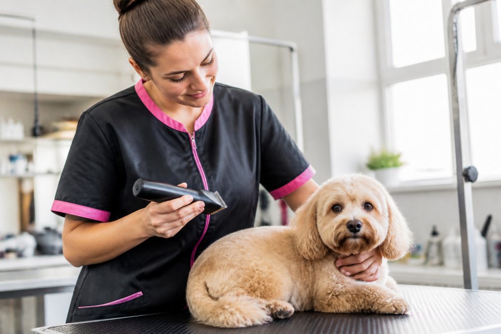 A professional groomer holding a cordless clipper in one hand while gently securing a calm dog on a grooming table with the other hand, bright salon setting with natural window lighting