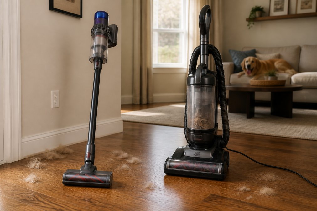 A side-by-side view of a cordless stick vacuum and a corded upright vacuum sitting on a hardwood living room floor with visible tufts of dog fur near the baseboards, warm afternoon light through a window