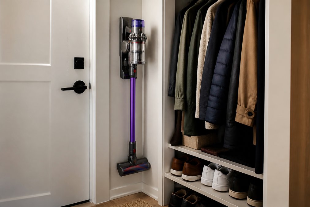 Infographic showing space-saving storage for a cordless vs corded vacuum in a compact apartment entryway closet.