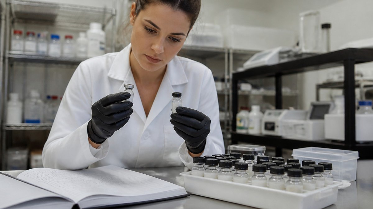 Researcher in a lab coat examining peptide vials as a core peptides alternative for consistent quality