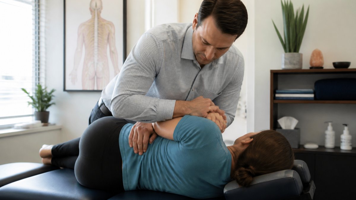 A chiropractor in a bright treatment room guiding a patient through a gentle spinal adjustment on a padded table, with a computer monitor showing neurological readouts in the background