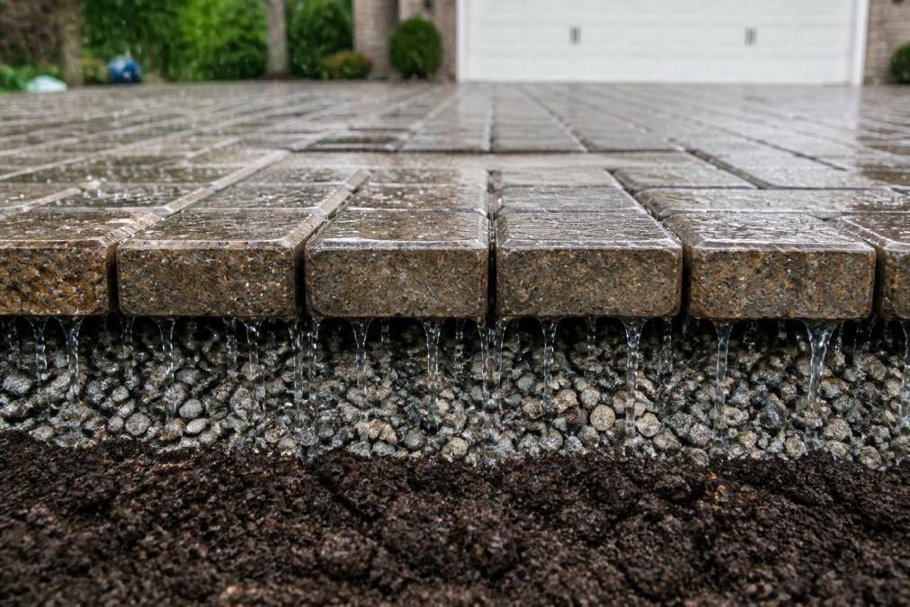 Close-up of permeable concrete pavers installed on residential driveway with water visibly draining through joints into gravel base layer during rainfall
