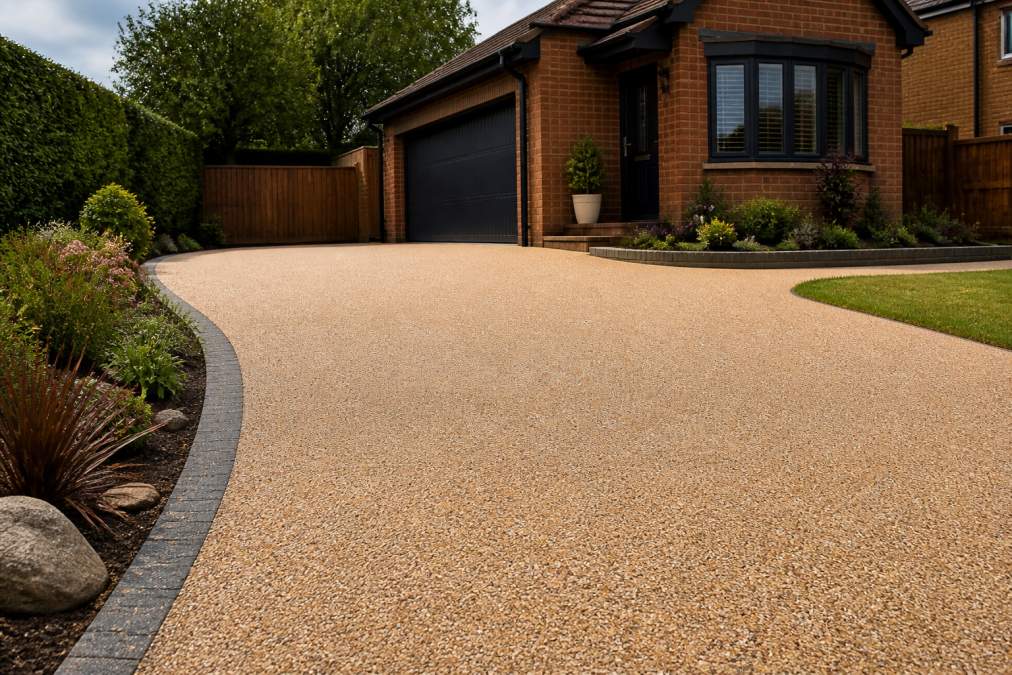 Finished resin-bound gravel driveway in warm neutral tones with clean, defined edges and smooth surface finish in front of residential home with landscaping
