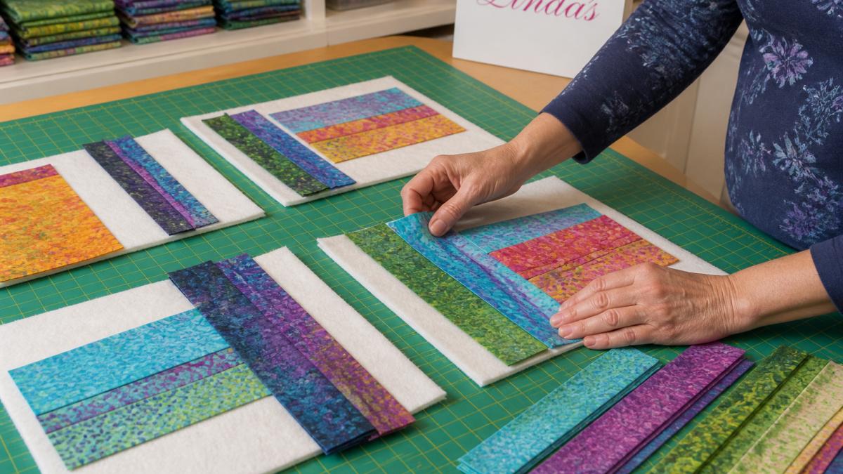 Quilter's hands arranging colorful fabric strips and batting squares on a large cutting mat under bright studio lighting, showing organized layout of corey pearson quilt as you go blocks before assembly
