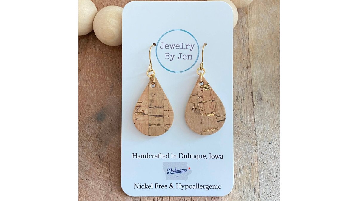Cork Teardrop Earrings with Gold Accents – Small