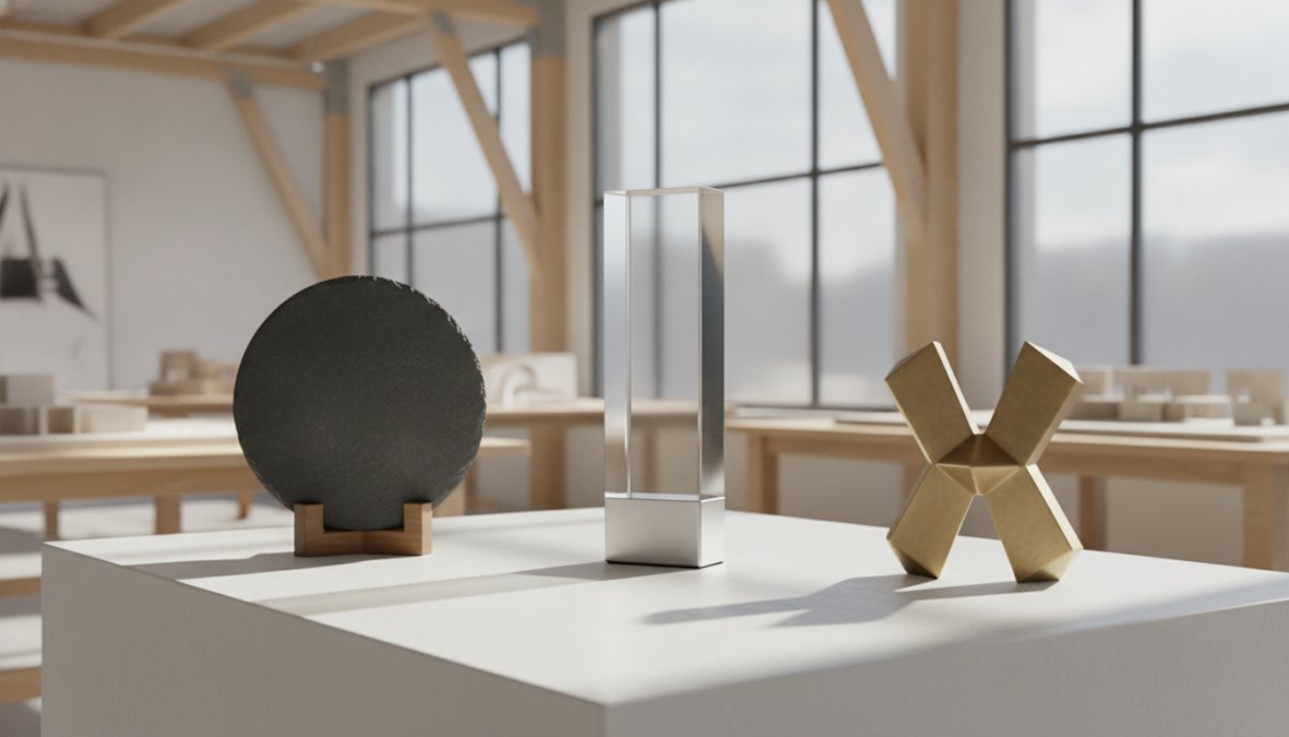 Close-up of sleek minimalist crystal award catching light with clean geometric lines and edge-lit acrylic details on modern office desk