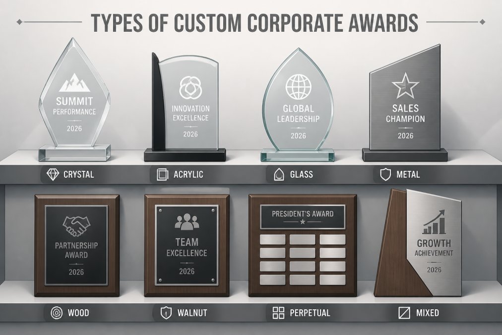 Close-up display of various engraved trophies, crystal awards, and wooden plaques arranged on a shelf, showing different materials and finishes with professional lighting