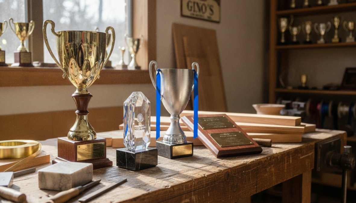 Close-up of various trophy and award materials, crystal, acrylic, metal, and engraved plaques, arranged on a display surface showing texture and quality differences