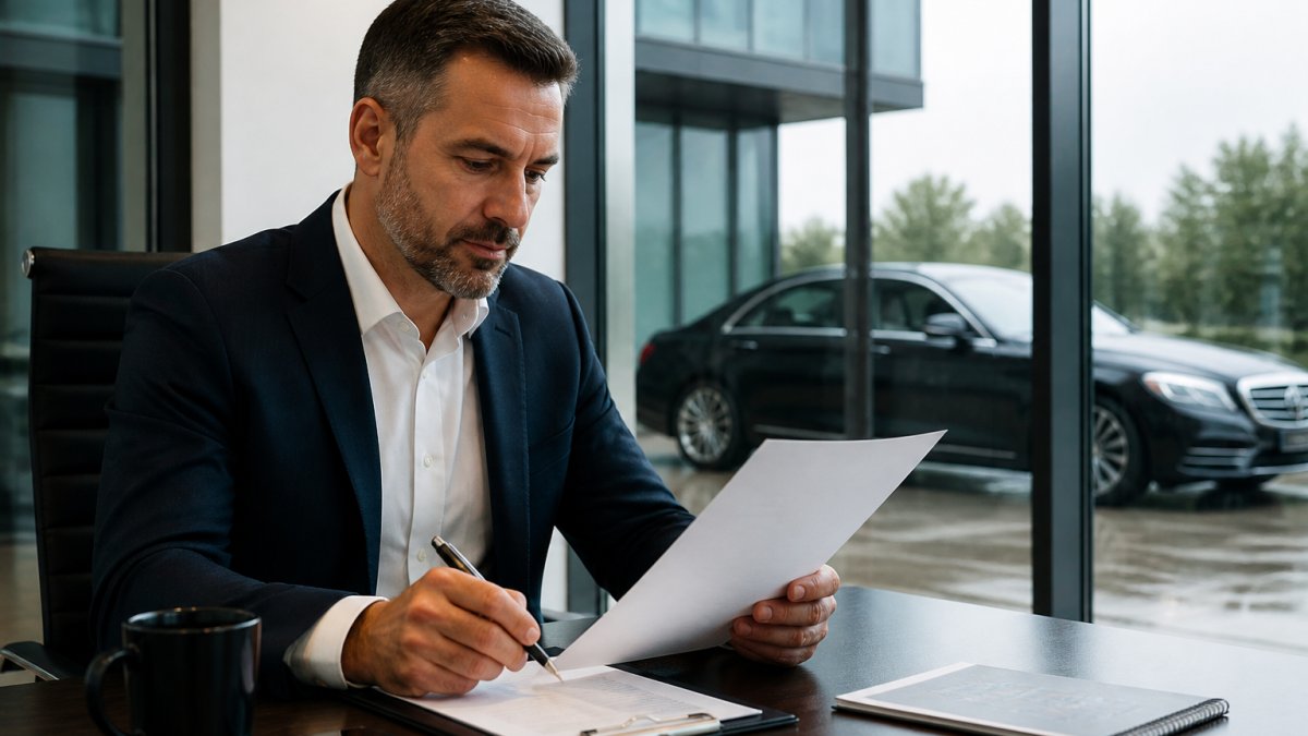 Professional in modern office reviewing corporate billing setup on computer screen with booking confirmation visible