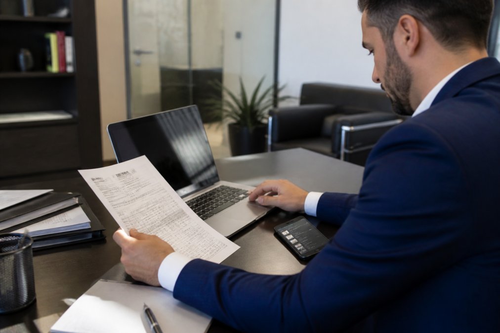 Corporate office manager at a desk reviewing account setup documents and transportation booking platform interface on laptop, with phone showing service options, natural office lighting, organized workspace with business documents