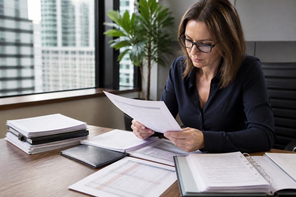 Finance professional at desk reviewing itemized monthly transportation invoices and expense reports, spreadsheets visible with cost breakdowns, corporate office setting with natural lighting, documents organized on desk