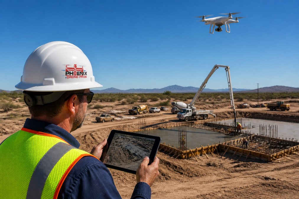 A construction project manager in a hard hat and safety vest reviewing detailed aerial site photos on a tablet, with a drone hovering in the bright desert sky over an active foundation pour in the background