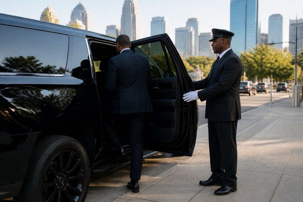 Professional business executive in dark suit stepping into a luxury black SUV with uniformed chauffeur holding the door open, downtown Charlotte skyline visible in background, afternoon sunlight