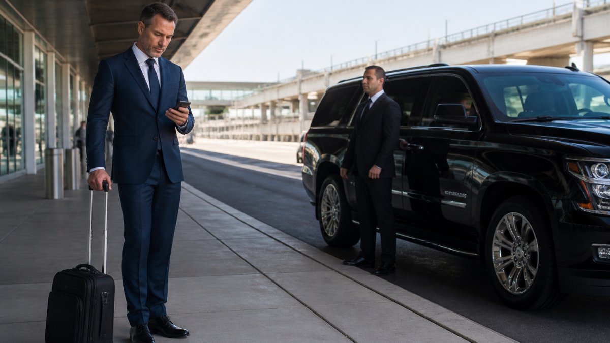 Business professional in suit standing at airport terminal with luggage, checking phone while a sleek black luxury truck pulls up to the curb with professional driver