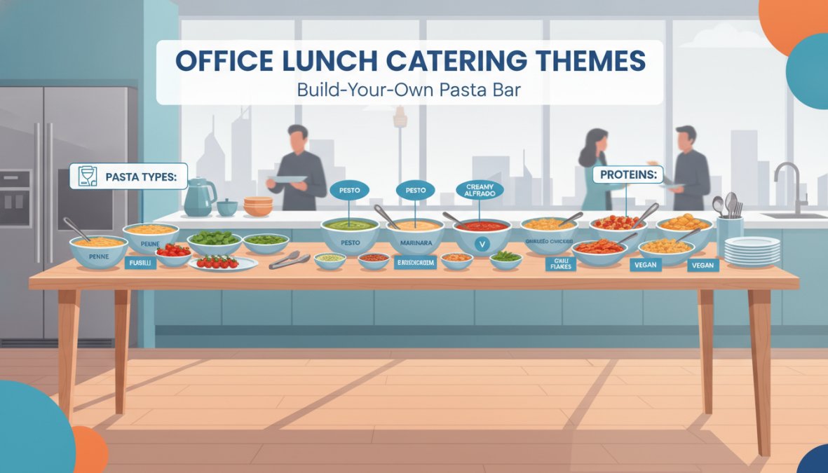 A beautifully presented build-your-own pasta bar set up in a modern Sydney office kitchen, with fresh ingredients in ceramic bowls, tongs, and professionally printed dietary labels visible on a white marble benchtop, warm overhead lighting