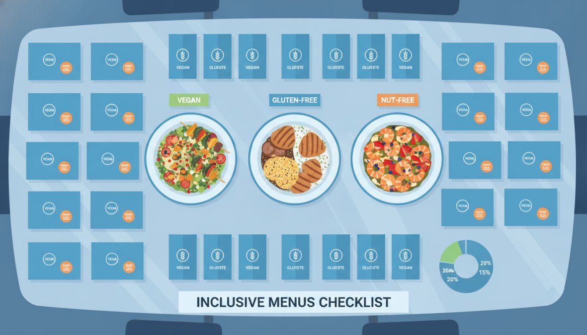 Close-up of a corporate catering spread on a conference table, with small printed labels identifying gluten-free, vegan, and nut-free dishes, neatly arranged individual boxed lunches in kraft paper packaging, soft natural light from a window