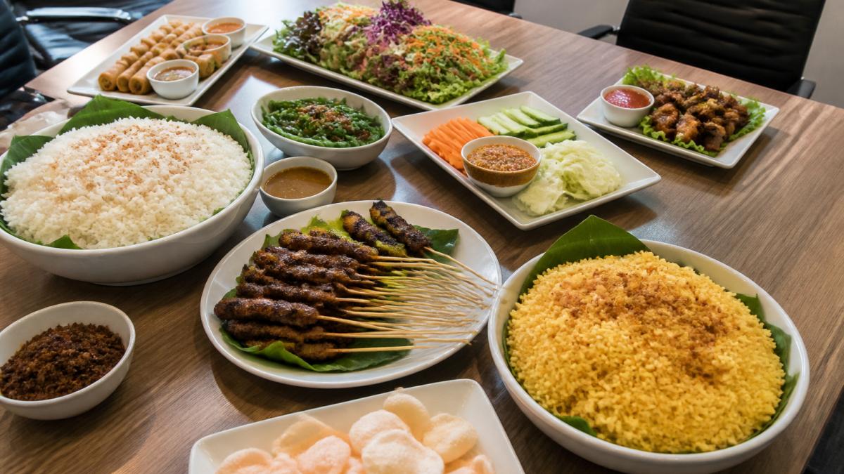 Overhead view of generous spread of Indonesian catering platters with satay skewers, fragrant rice, fresh vegetables, and accompaniments arranged on white serving dishes at corporate boardroom table with natural lighting