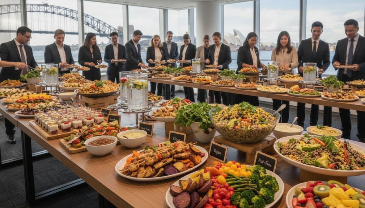 A diverse group of corporate professionals seated around a large table at a catered Sydney office event, sharing colourful Mediterranean-style platters with fresh vegetables, cheeses, and antipasto under bright natural light