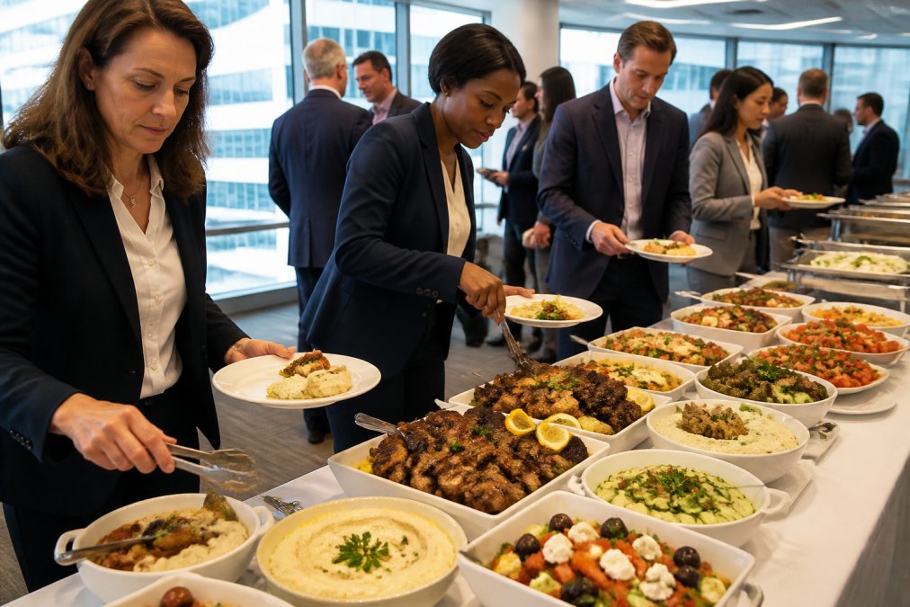 Infographic visualizing the diverse food options included in corporate catering services in Washington DC