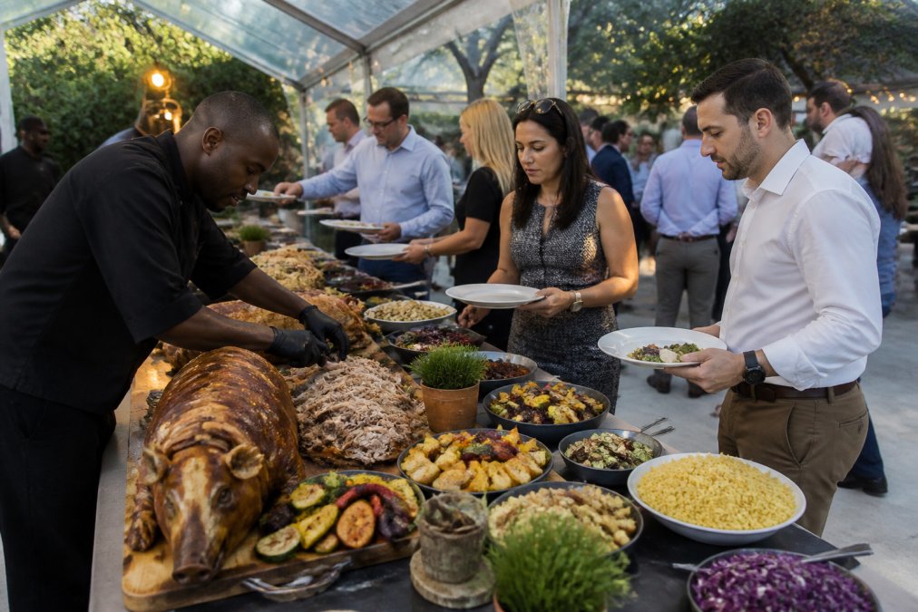 Infographic comparing corporate catering vs restaurant delivery efficiency for large outdoor office events.