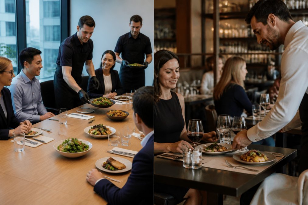 Corporate team enjoying a freshly prepared catered meal in an office boardroom with servers presenting dishes, natural office lighting, colleagues engaged in conversation