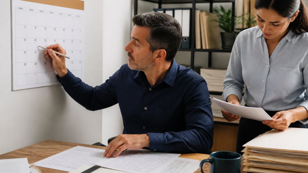 A small business owner at a desk with a wall calendar and laptop, marking filing deadlines with a pen while a colleague reviews paperwork nearby