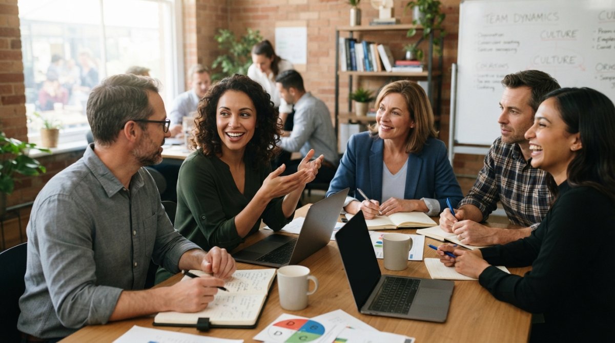 A diverse group of managers seated around a conference table in a bright, modern office, engaged in discussion with notebooks and laptops visible, representing different leadership styles collaborating together