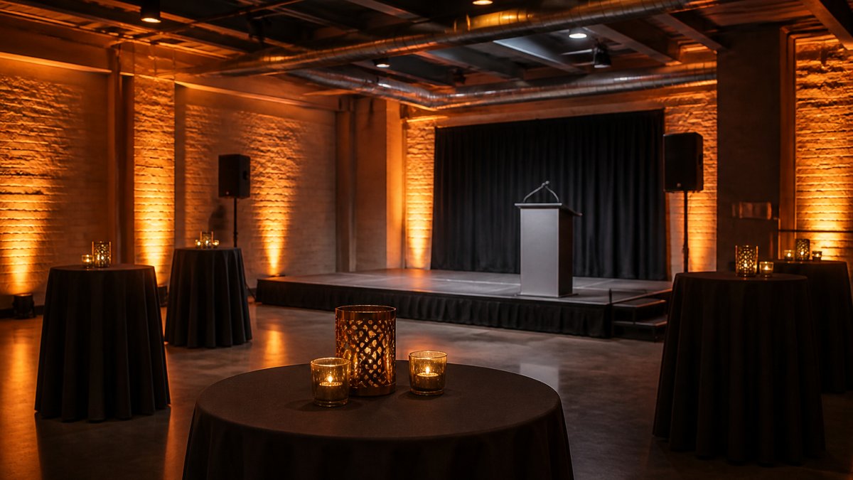 Modern event space featuring warm amber uplighting and candlelit tables to enhance the corporate event atmosphere.