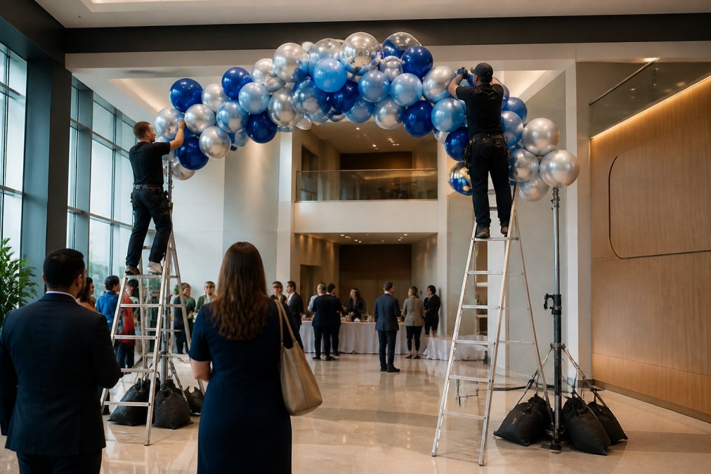Professional balloon installation team securing a large branded balloon arch with corporate colors, blues and silvers, using mounting hardware and anchoring equipment in a high-ceiling corporate venue with attendees viewing the setup