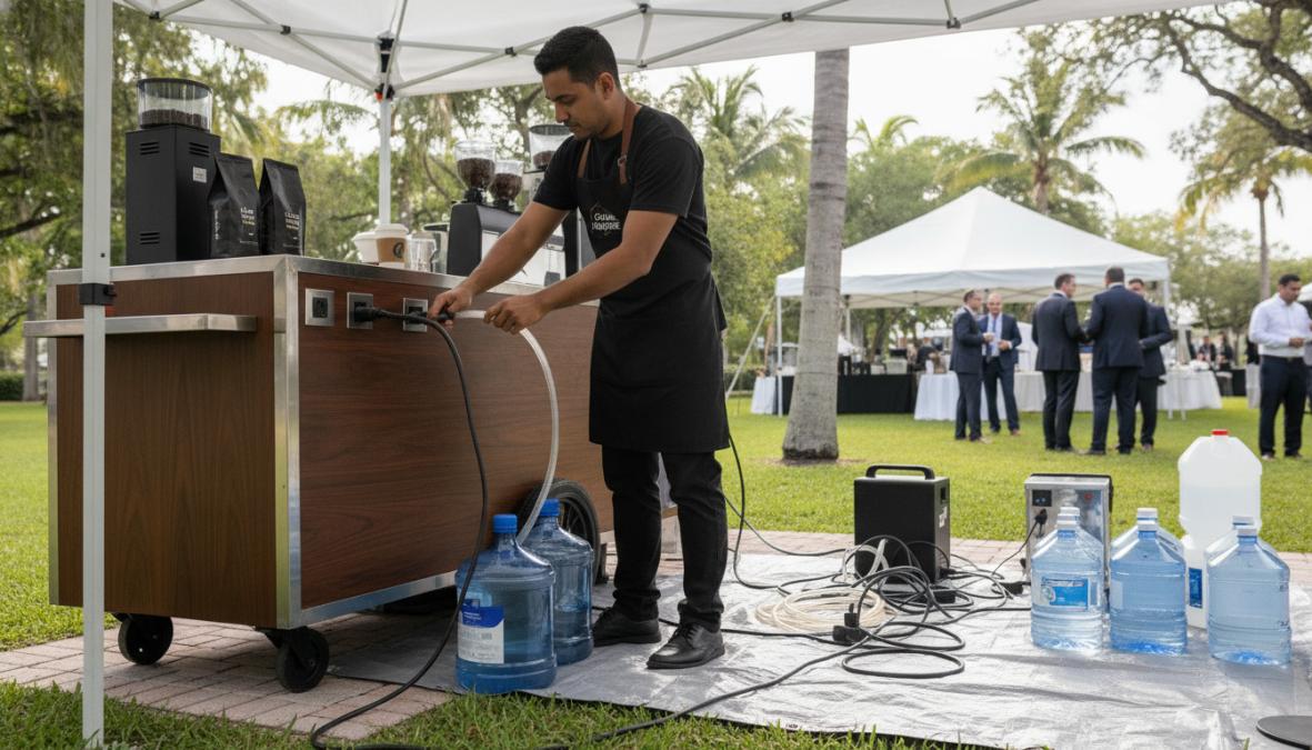 Professional barista setting up a mobile coffee cart at an outdoor corporate event, carefully arranging water supply connections and electrical cables with visible equipment in the background