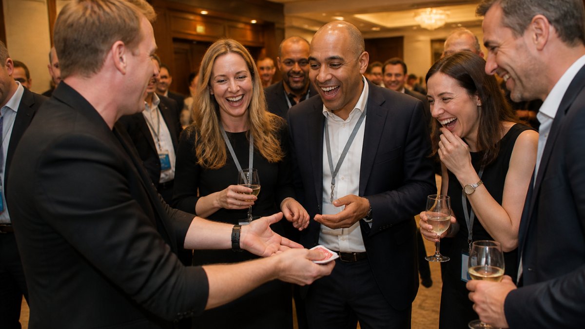 Diverse staff laughing at a close-up magic show, a perfect corporate event icebreaker in a hotel ballroom.