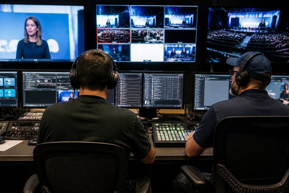 Technical director and streaming engineer seated at broadcast control room desk monitoring live stream on multiple large screens displaying camera feeds, real-time analytics dashboard showing viewer count and engagement metrics, chat moderation panel, and video quality monitoring with professional lighting and equipment visible