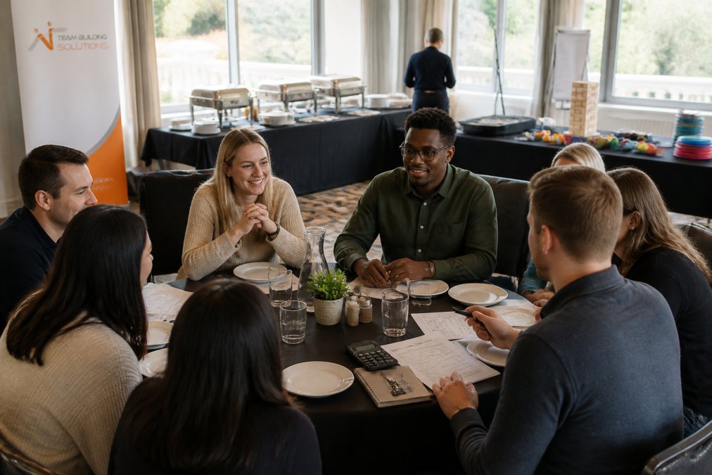 A diverse group of professionals gathered around a dining table at a corporate away day venue, with catering service in the background and activity materials visible on adjacent tables, natural daylight streaming through large windows