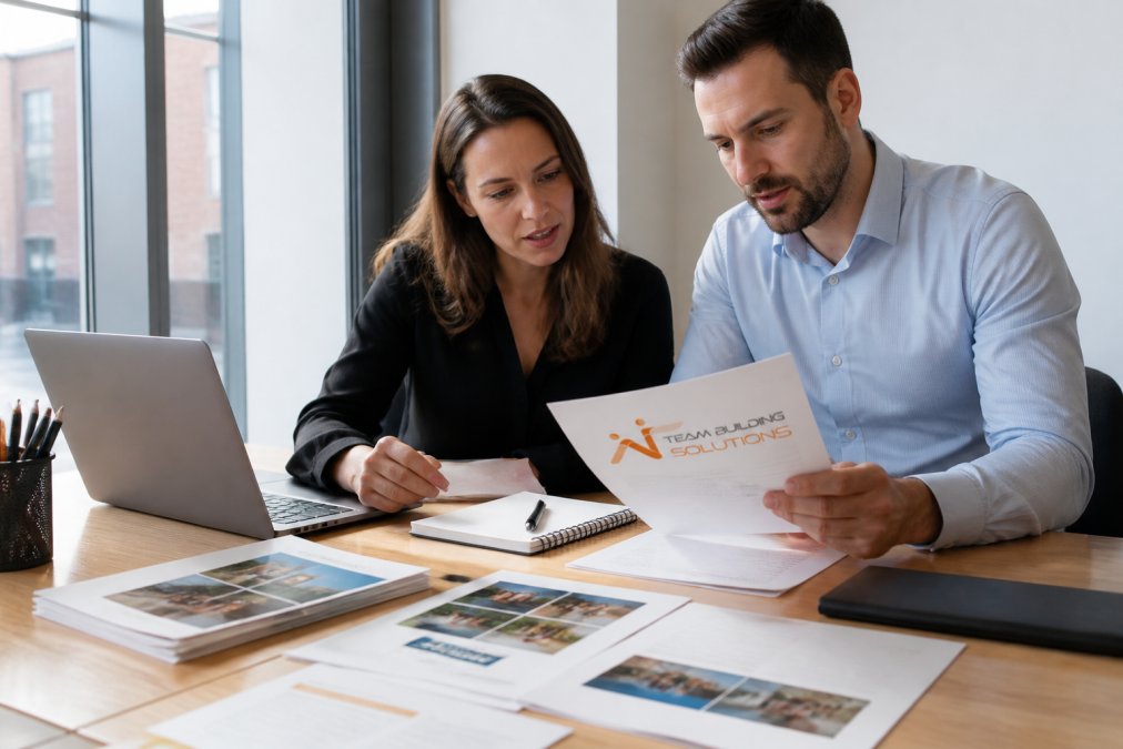 An HR manager and event coordinator reviewing event planning documents and proposals at a desk with a laptop and notepad, natural office lighting, with printed proposals and notes visible