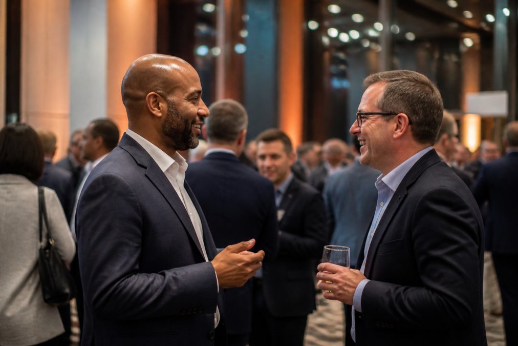 Professional photographer capturing candid moment between two executives networking at corporate gala, with soft ambient lighting and blurred attendees in background, demonstrating discreet and authentic event coverage