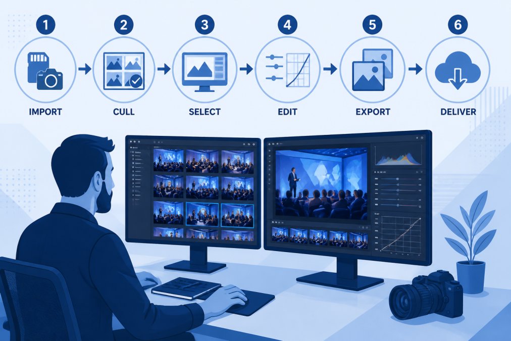 Photographer reviewing and editing high-resolution images on dual-monitor computer workstation, with editing software open showing color correction workflow and professional post-production process