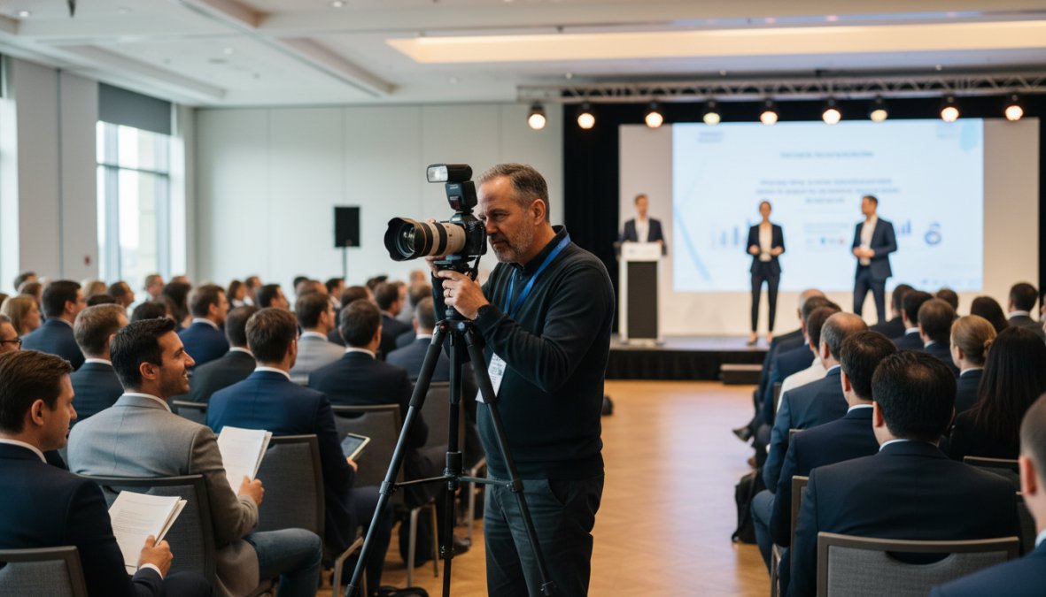 A professional photographer with a full-frame camera and off-camera flash system capturing a keynote speaker on a well-lit conference stage, with rows of attentive audience members visible in the background and large projection screens flanking the podium