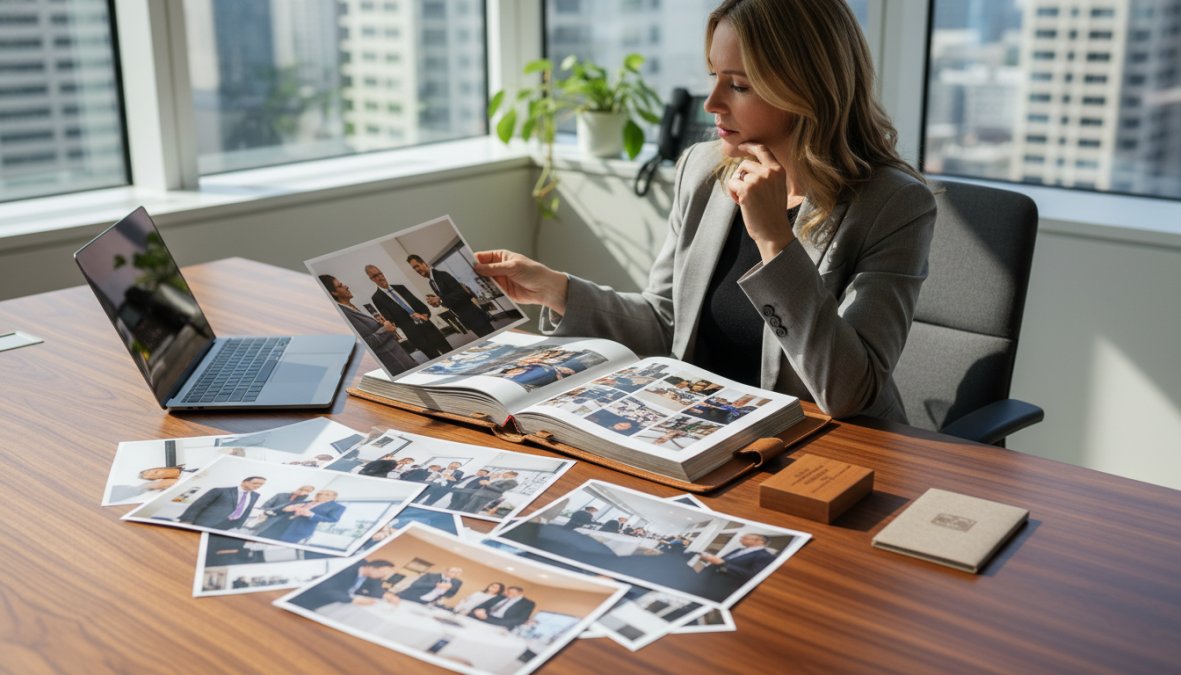 A business professional in a modern office reviewing a curated online gallery of high-resolution corporate event photos on a laptop, with the gallery displayed in a clean grid layout showing sharp, well-lit images from a conference